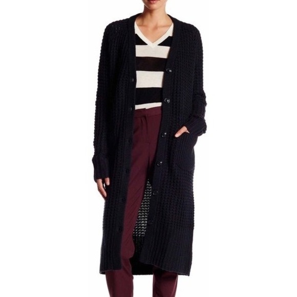 Canvas Lands End Long Cardigan Sweater Duster Black Merino Wool Cashmere Chunky - Picture 1 of 9